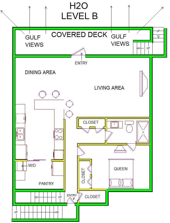 A level B layout view of Sand 'N Sea's beachside with gulf view house vacation rental in Galveston named H2O